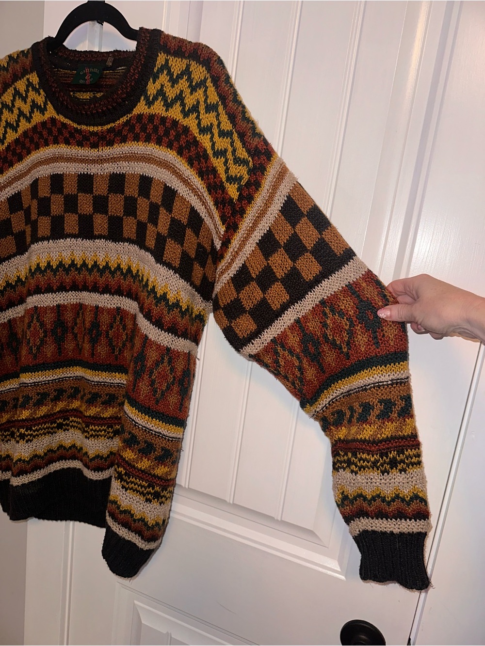 Gaeltarra Linen Blend Mens Crewneck Striped 
Sweater in Brown, Rust & Mustard - Picture 4 of 9